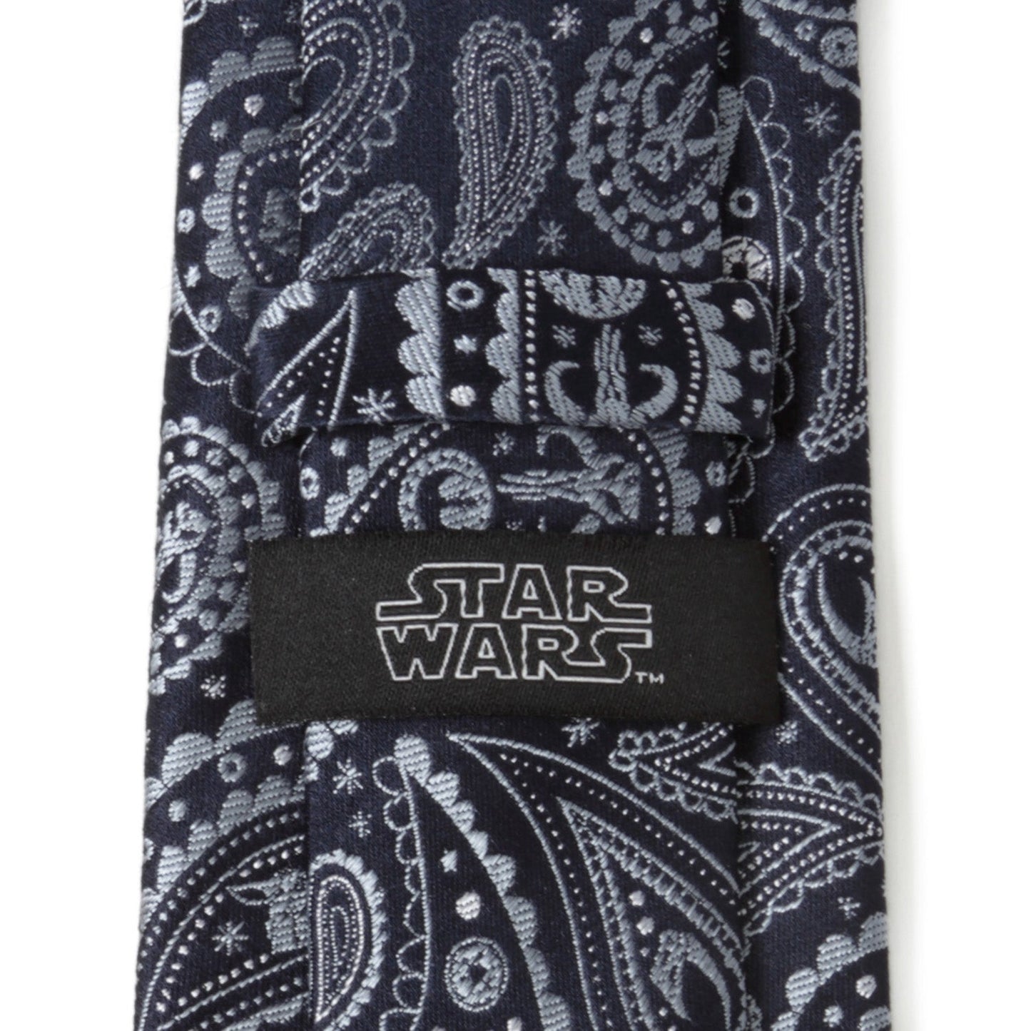 Back view of the 100% silk Mandalorian tie showing the official logo