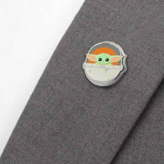 Star Wars Grogu in Hover Bassinet Lapel Pin front view showing green ears and silver pod-3
