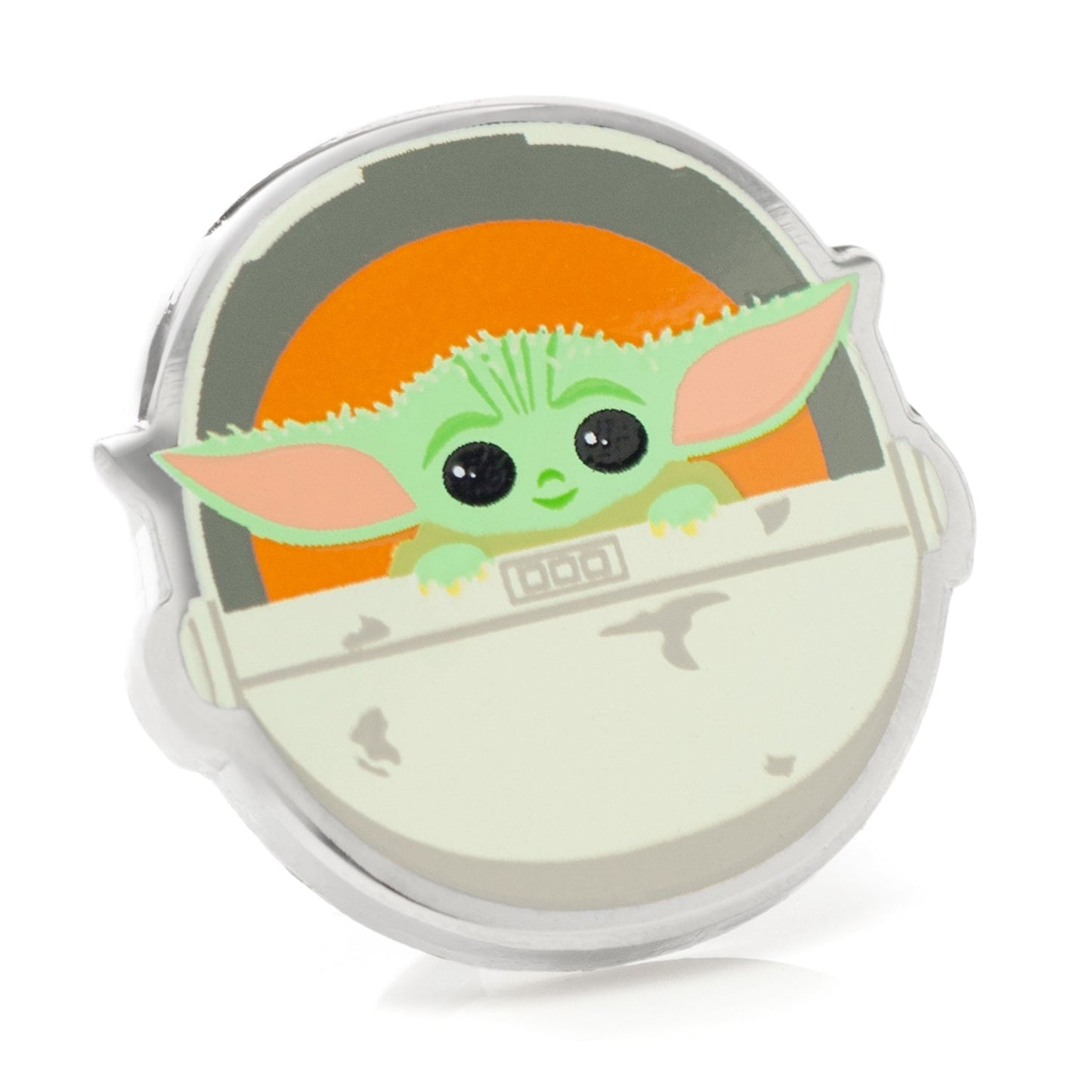 Star Wars Grogu in Hover Bassinet Lapel Pin front view showing green ears and silver pod
