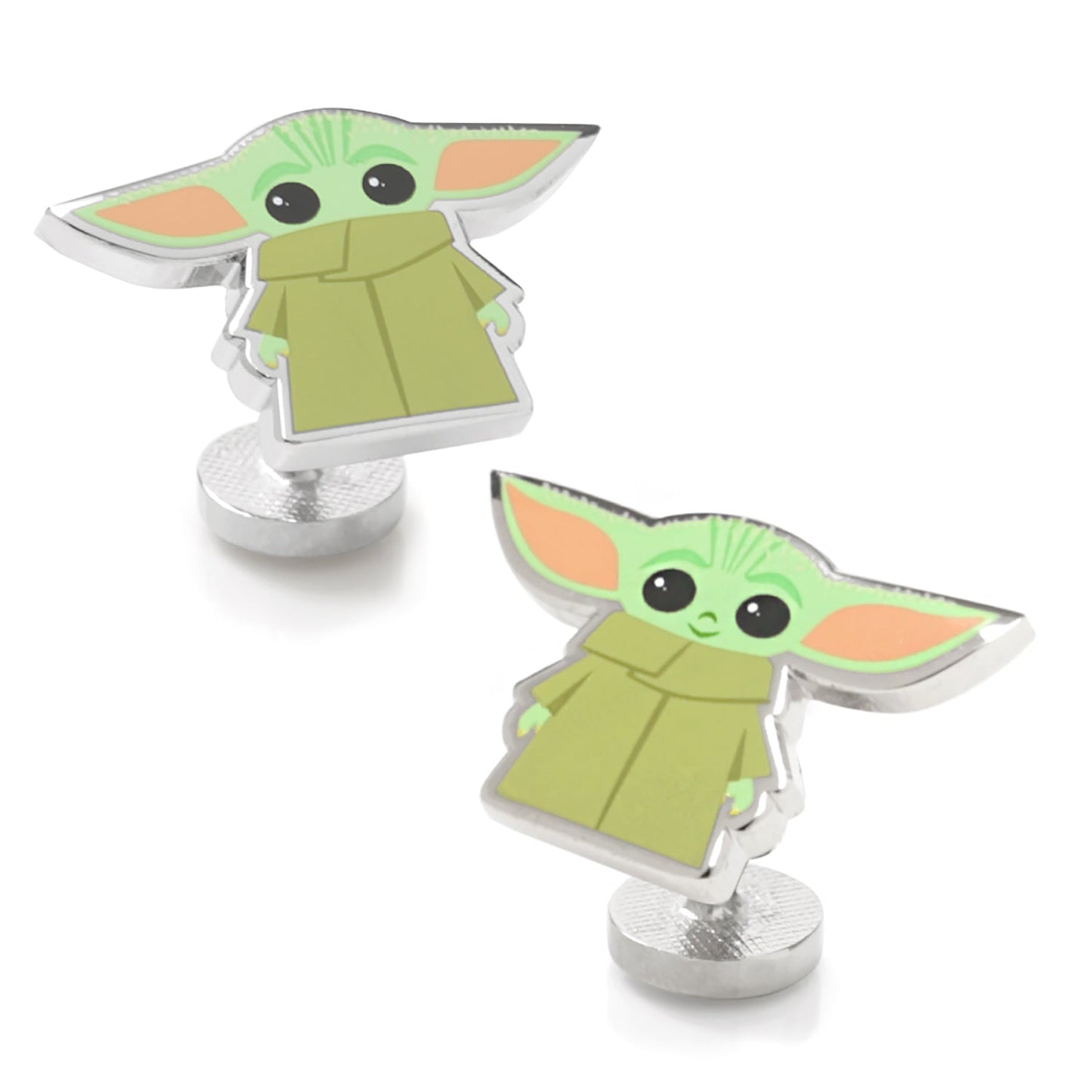 Side view of the plated metal cufflink showing the fixed round logo backing.