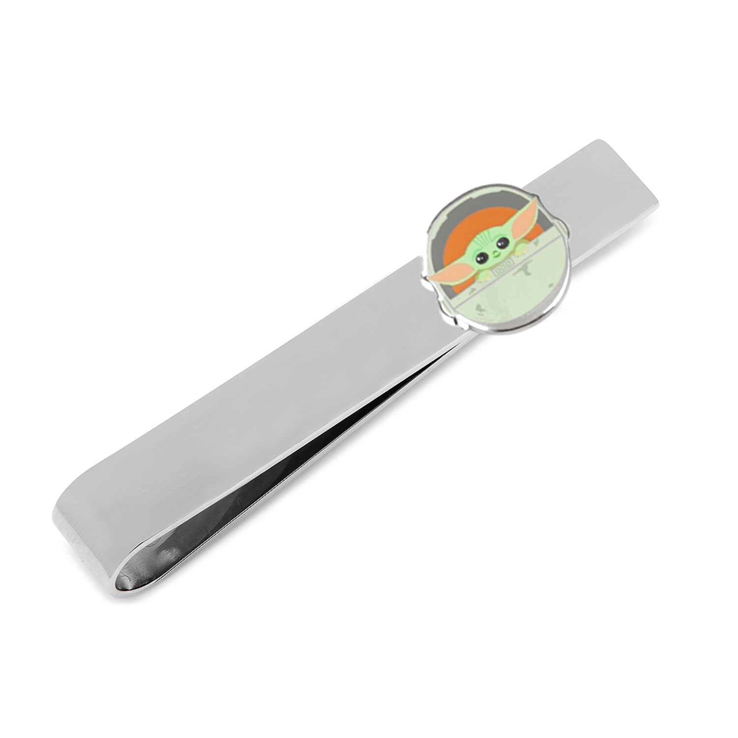 Close-up of Star Wars Grogu Tie Bar featuring The Child in hover bassinet.