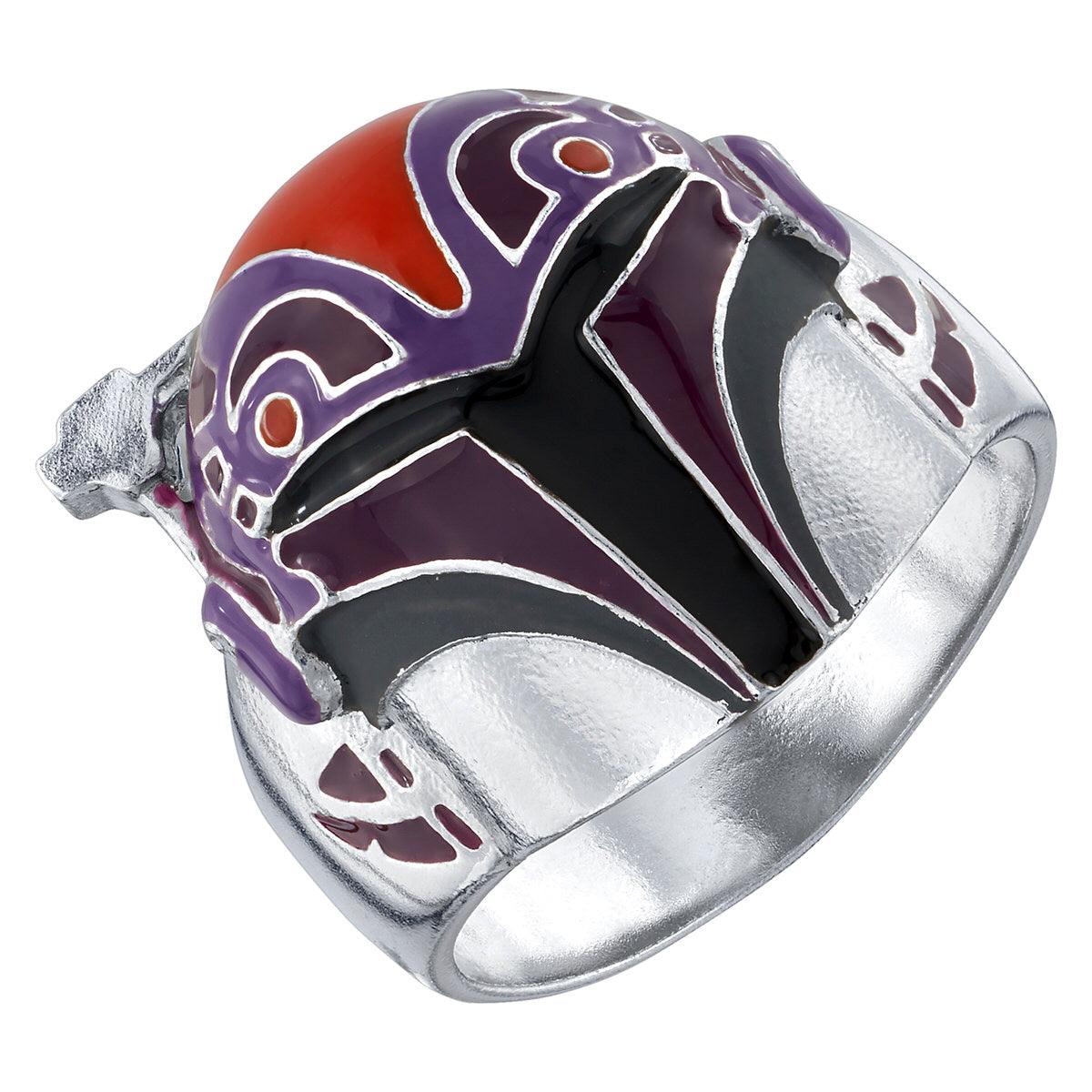 Angled side shot of the sterling silver ring showing the raised REBEL lettering on the band.