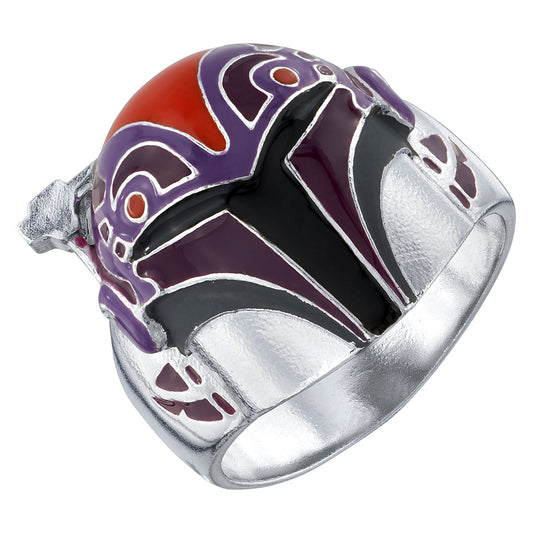 Close-up view of the Star Wars x RockLove Sabine Wren Helmet Ring highlighting orange and purple enamel.-1
