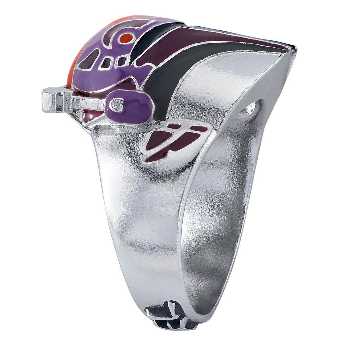 Frontal view of the Sabine Wren Mandalorian helmet ring featuring burgundy enamel details.