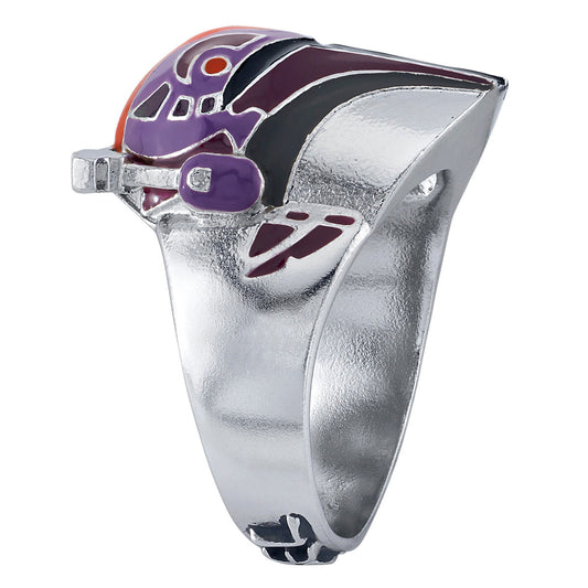Close-up view of the Star Wars x RockLove Sabine Wren Helmet Ring highlighting orange and purple enamel.-2