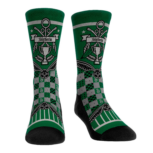 Harry Potter Slytherin Quidditch Cup Banner Crew Socks in green and silver.-0
