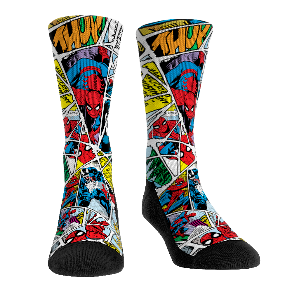 A pair of crew socks featuring Spider-Man in various action poses with a red and blue 'Webbed Out' stacked character design.