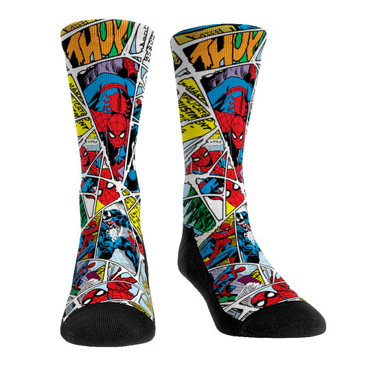 A pair of crew socks featuring Spider-Man in various action poses with a red and blue 'Webbed Out' stacked character design.-0