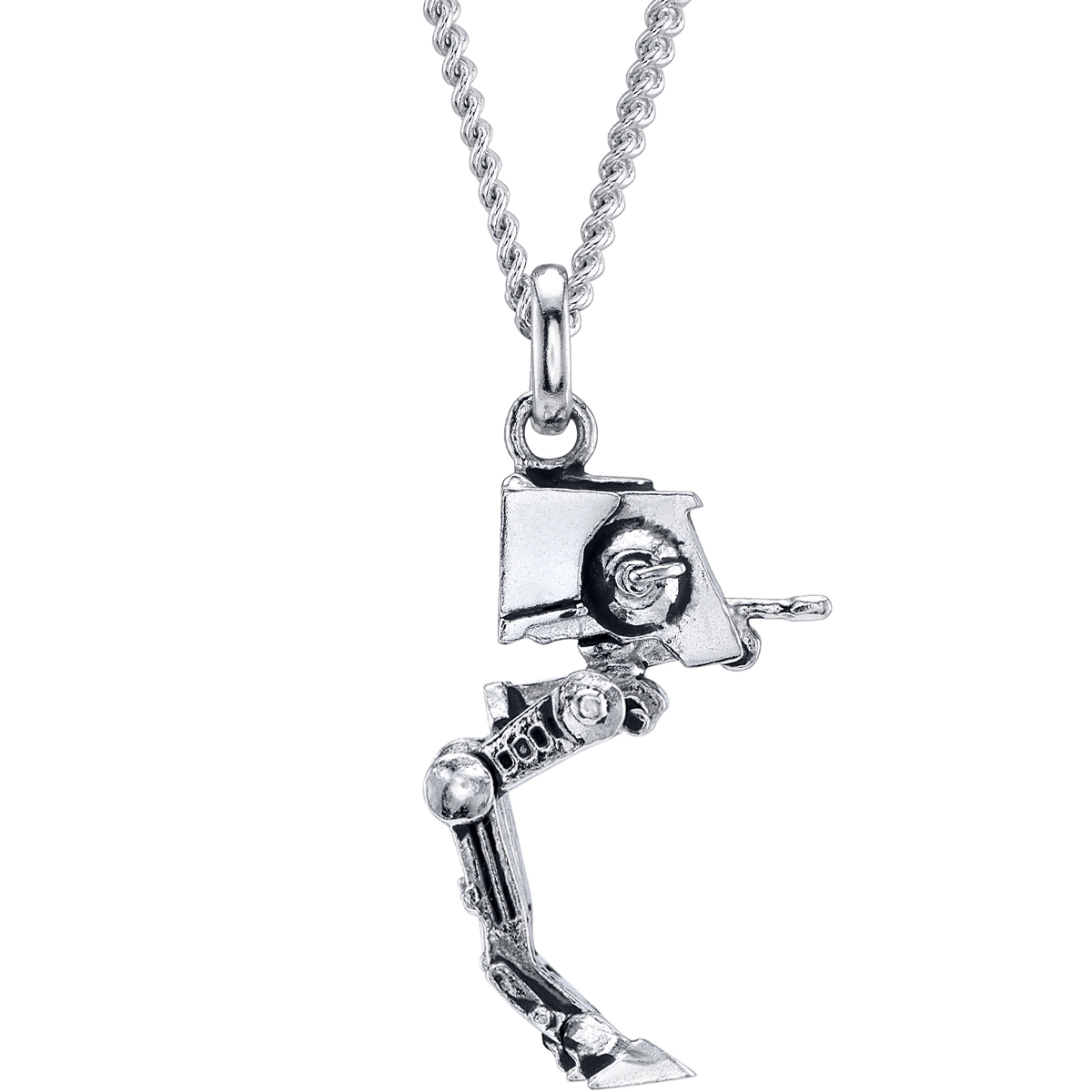 Front view of the Star Wars AT-ST sterling silver necklace on a white background.