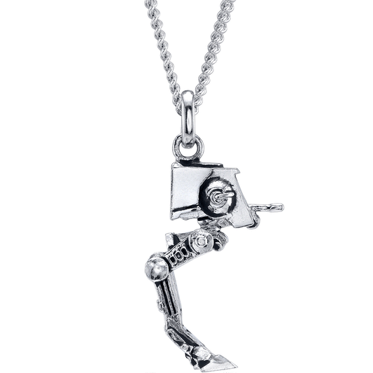 Front view of the Star Wars AT-ST sterling silver necklace on a white background.-0
