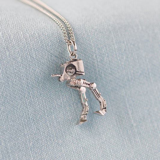 Front view of the Star Wars AT-ST sterling silver necklace on a white background.-3