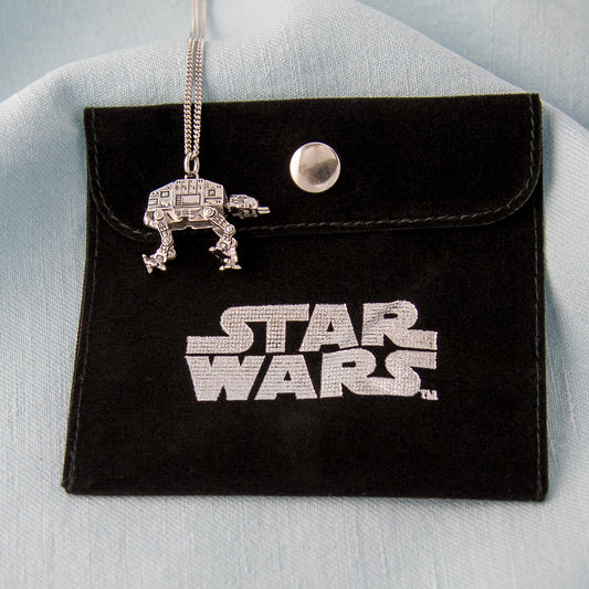 Close up of sterling silver AT-AT pendant showing fine mechanical details.-4