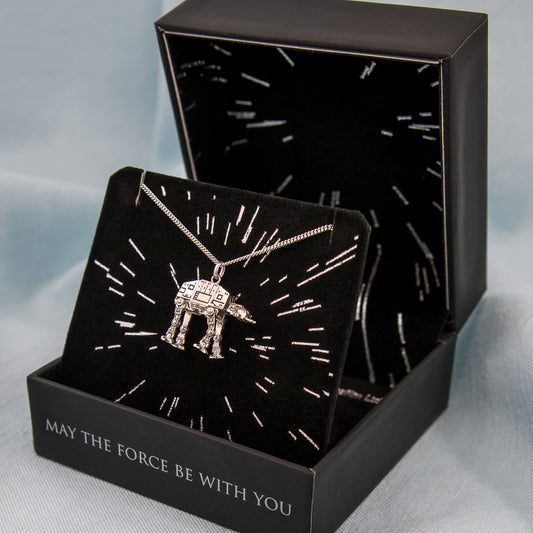 Close up of sterling silver AT-AT pendant showing fine mechanical details.-5