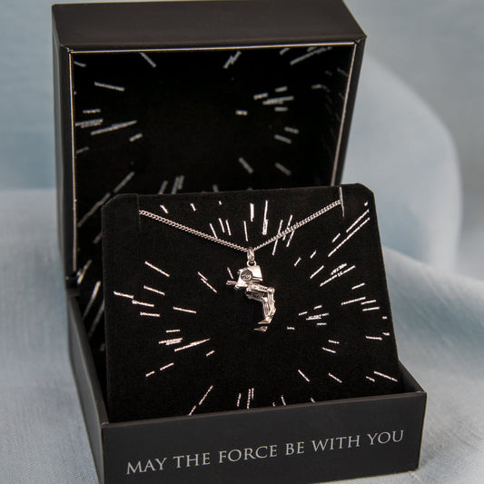 Front view of the Star Wars AT-ST sterling silver necklace on a white background.-5
