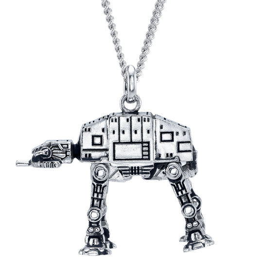Close up of sterling silver AT-AT pendant showing fine mechanical details.-1