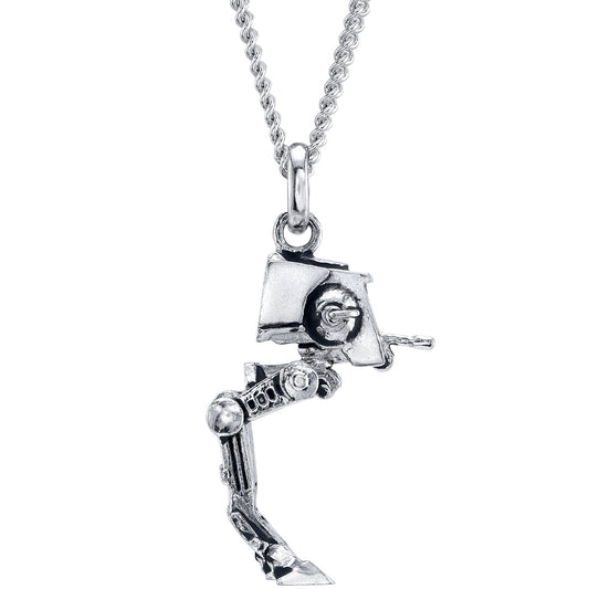 Front view of the Star Wars AT-ST sterling silver necklace on a white background.-1