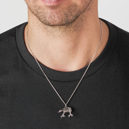 Close up of sterling silver AT-AT pendant showing fine mechanical details.-2