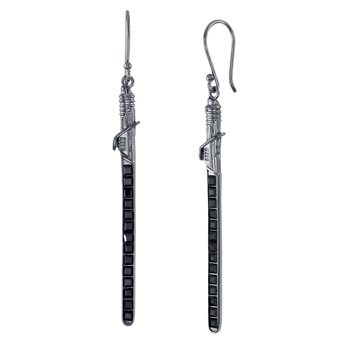 Close-up of Star Wars x RockLove Darksaber earrings featuring black Austrian crystals and black rhodium finish.