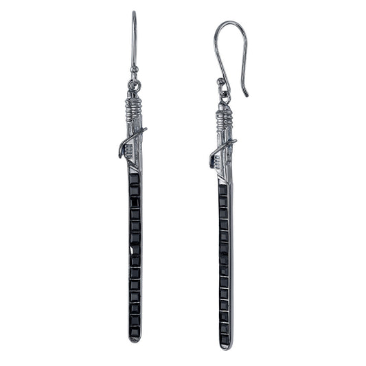 Close-up of Star Wars x RockLove Darksaber earrings featuring black Austrian crystals and black rhodium finish.-0