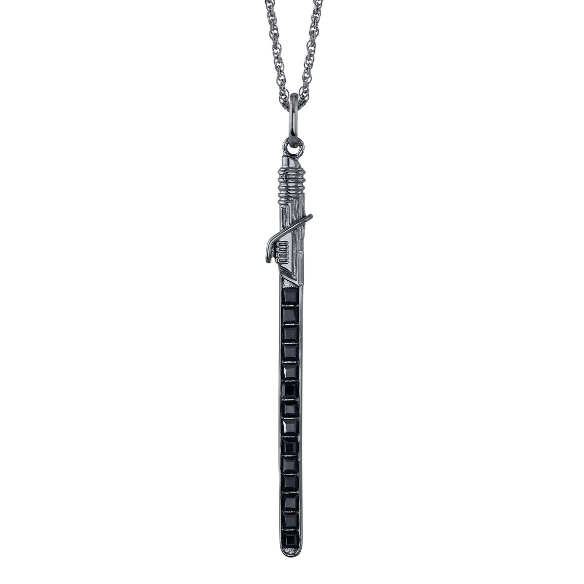 Star Wars x RockLove Darksaber Crystal Lightsaber Necklace featuring a black rhodium finish and square-cut crystals.