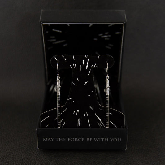Close-up of Star Wars x RockLove Darksaber earrings featuring black Austrian crystals and black rhodium finish.-5