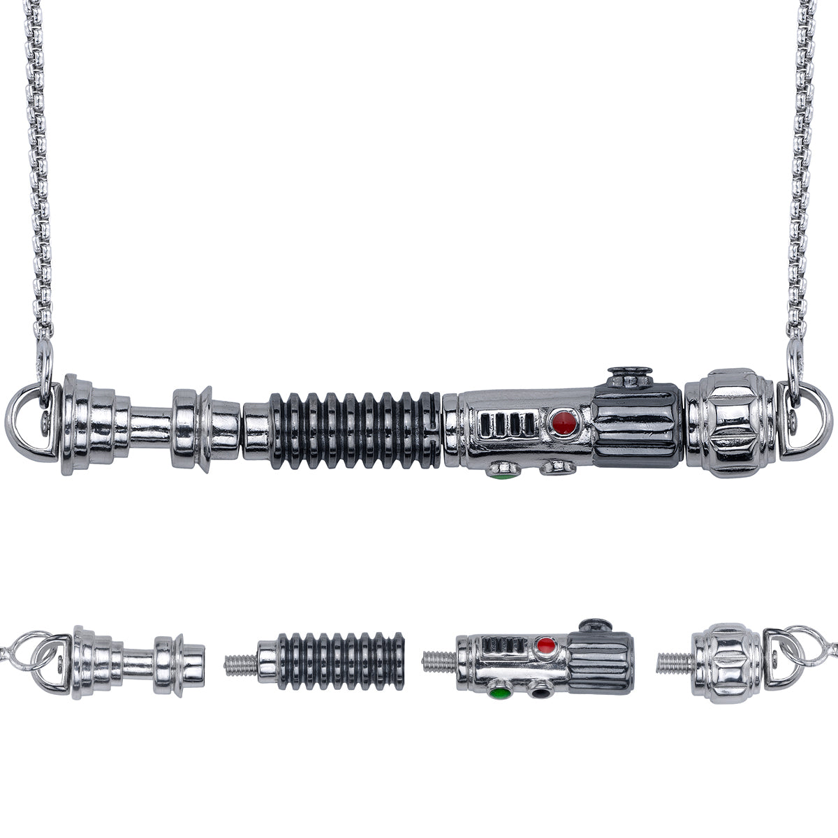 Fully assembled Star Wars Duty and Resolve lightsaber hilt pendant on a rhodium chain.