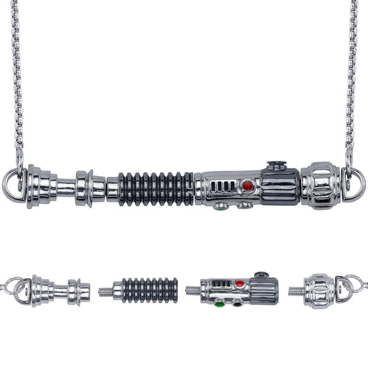 Fully assembled Star Wars Duty and Resolve lightsaber hilt pendant on a rhodium chain.-0