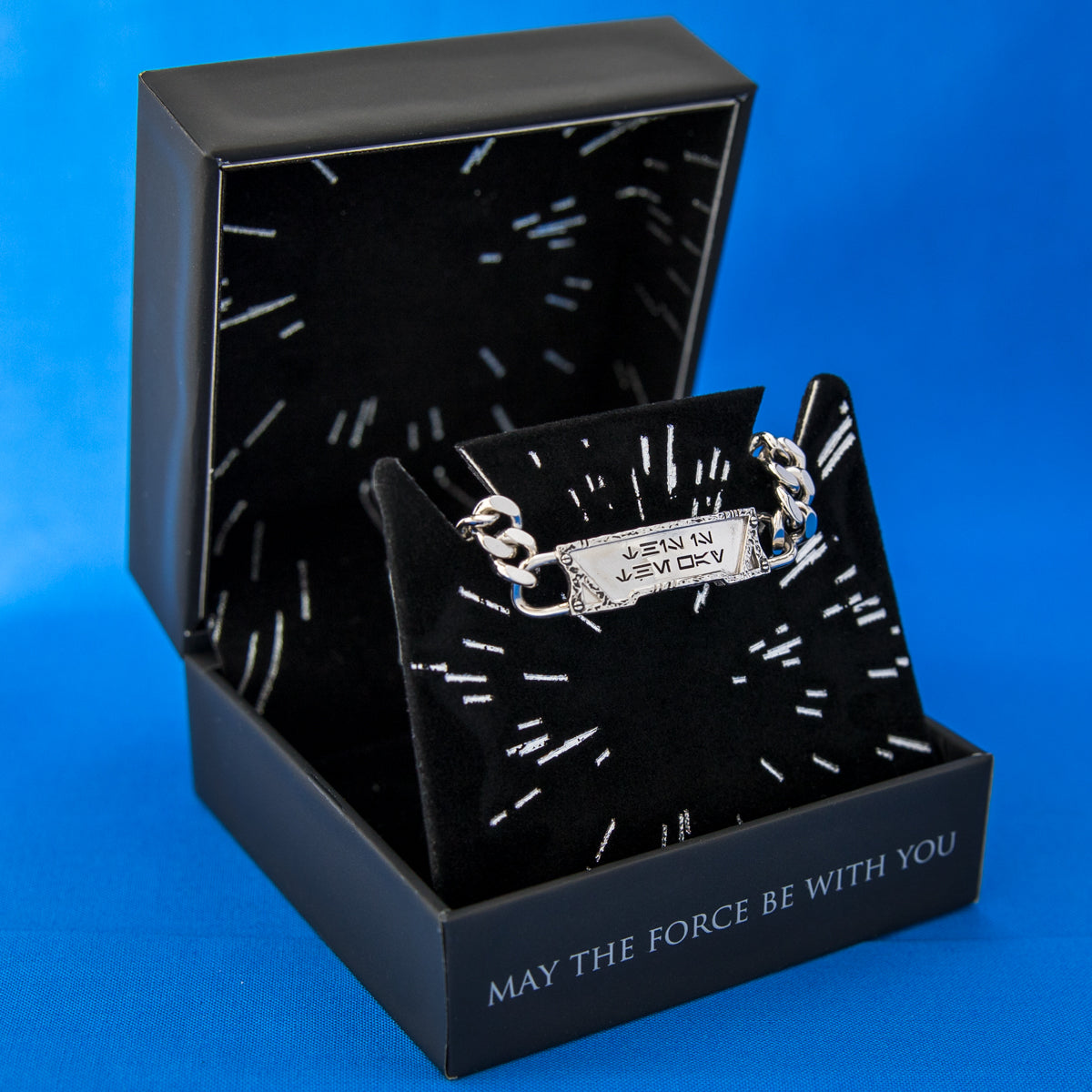Unisex Star Wars ID bracelet shown from the reverse showing weathered metal detail