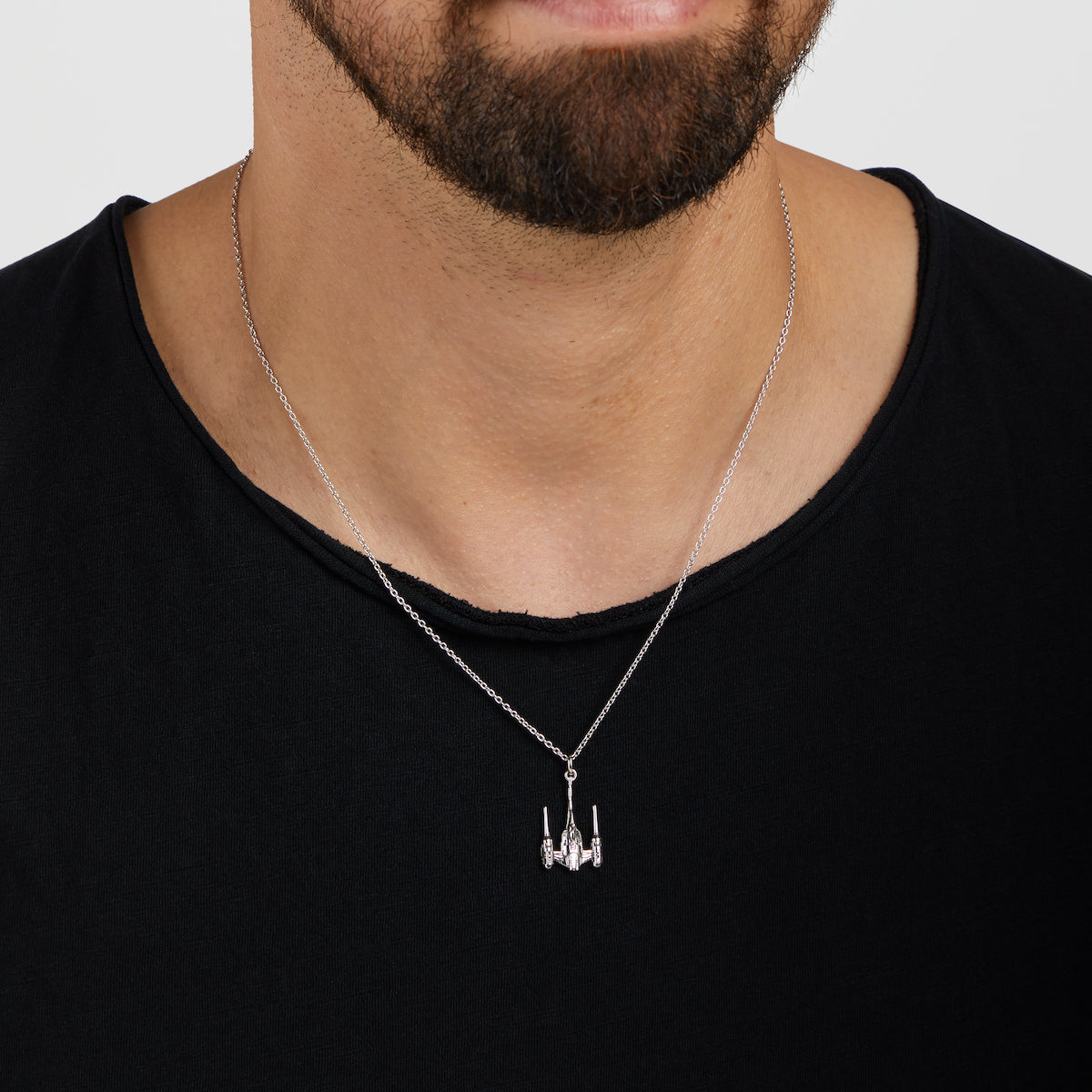 Model wearing the Naboo Starfighter necklace on an adjustable chain.