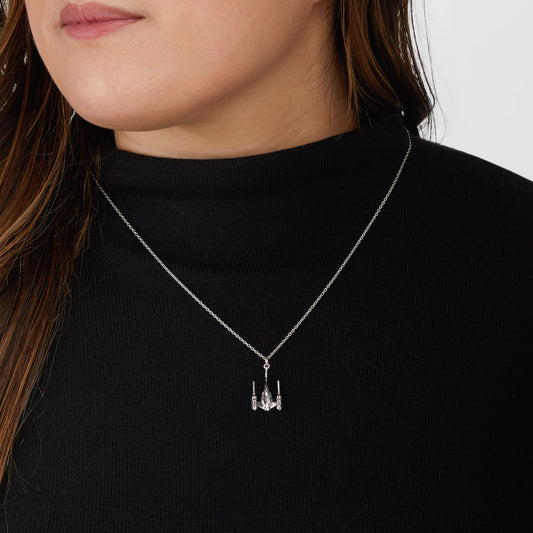 Close-up of Star Wars Naboo N-1 Starfighter necklace in sterling silver.-4
