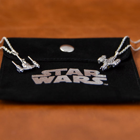 Close-up of Star Wars Naboo N-1 Starfighter necklace in sterling silver.-7