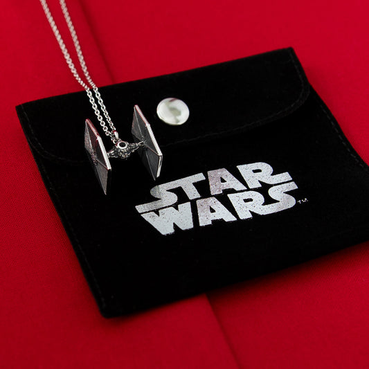 Close-up of Star Wars TIE Fighter sterling silver necklace pendant with black cubic zirconia crystal.-4