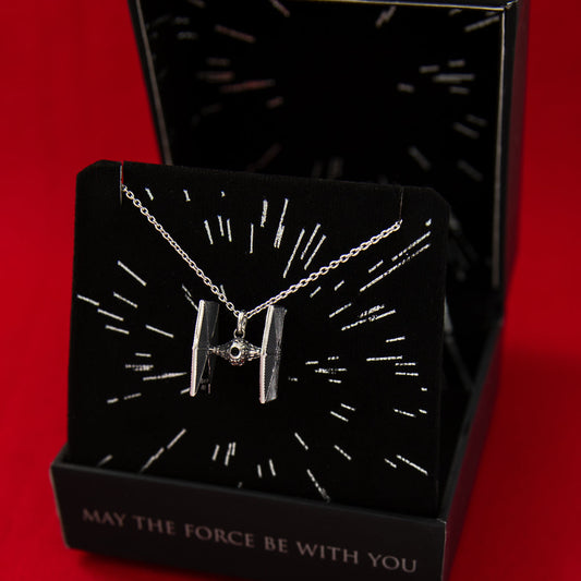 Close-up of Star Wars TIE Fighter sterling silver necklace pendant with black cubic zirconia crystal.-5