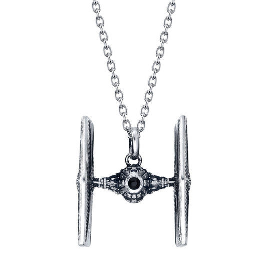 Close-up of Star Wars TIE Fighter sterling silver necklace pendant with black cubic zirconia crystal.-0
