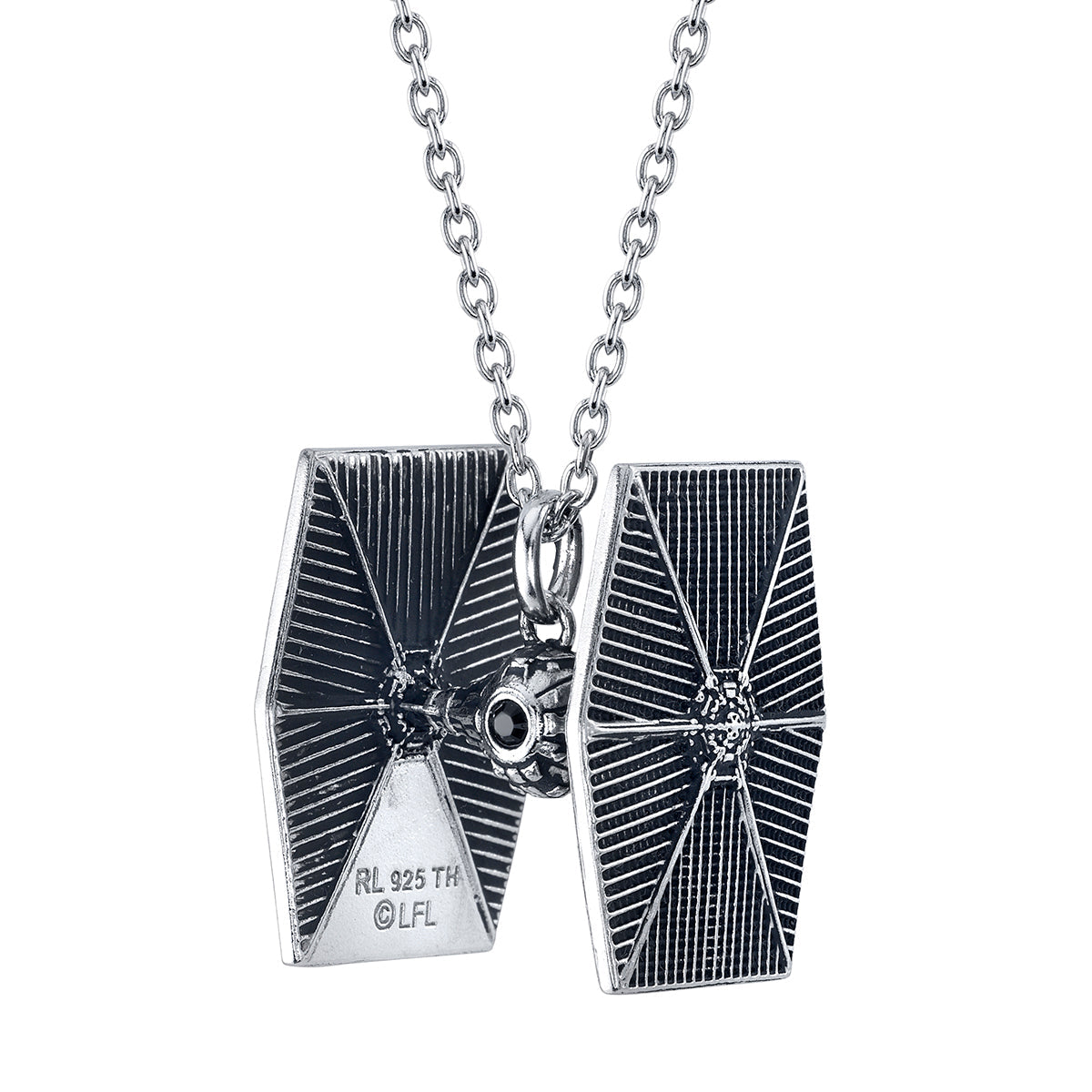 Star Wars x RockLove TIE Fighter necklace displayed on its adjustable 18 to 20 inch silver chain.