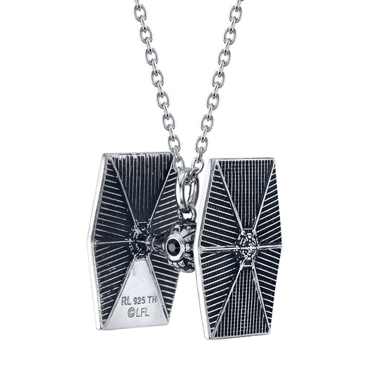 Close-up of Star Wars TIE Fighter sterling silver necklace pendant with black cubic zirconia crystal.-2