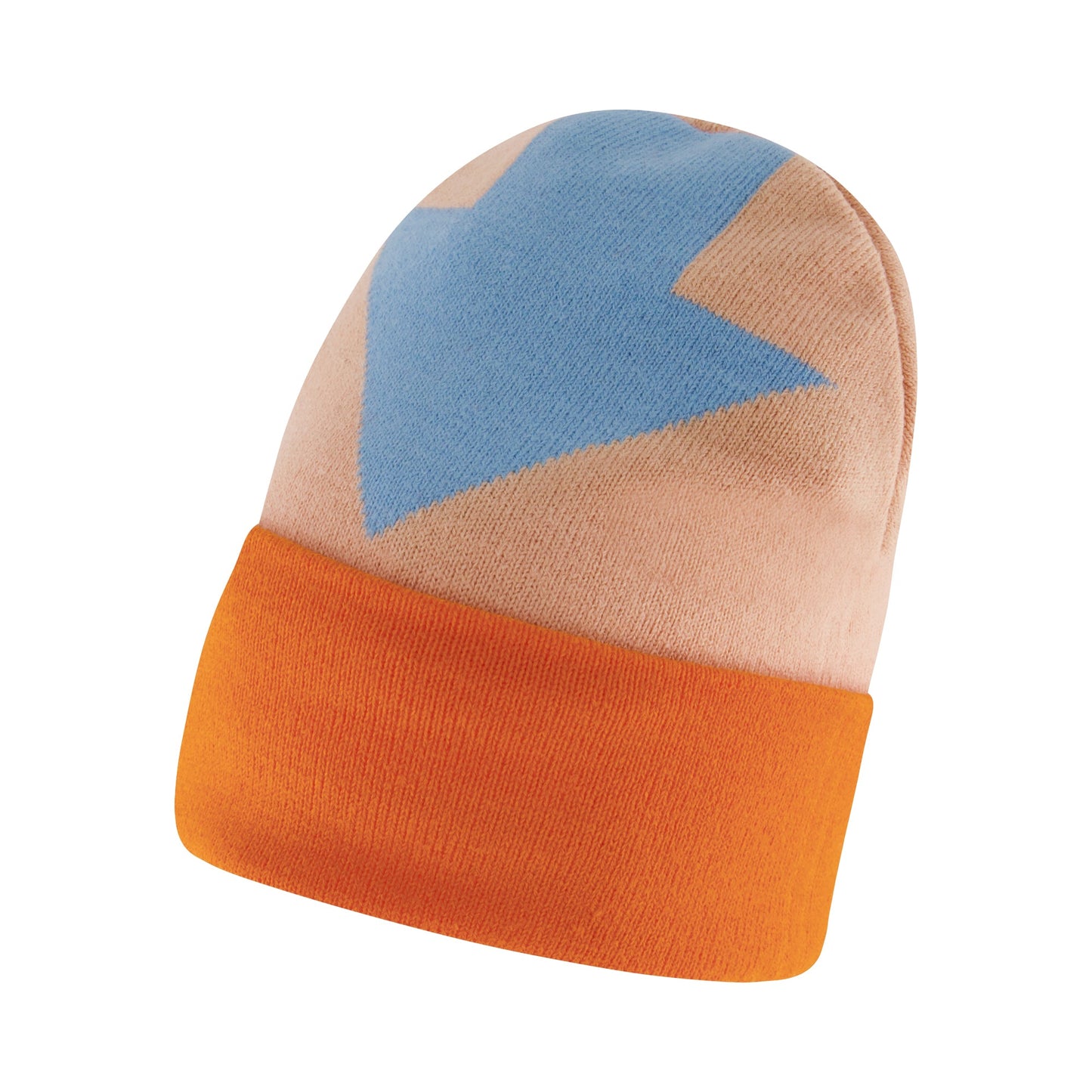 Avatar The Last Airbender knitted winter beanie hat front view showing Aang arrow design