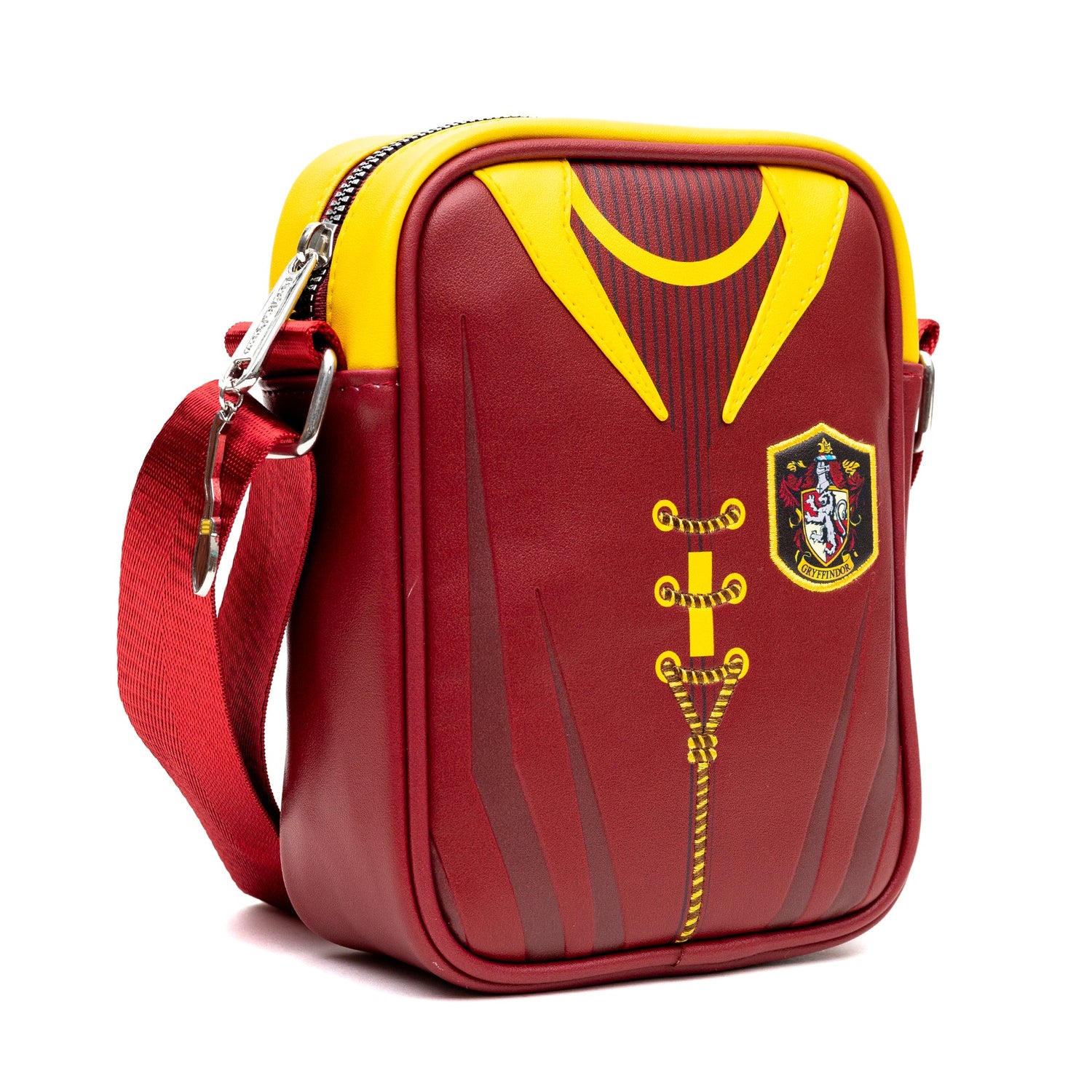Close-up of the premium vegan leather texture and vibrant Quidditch artwork on the crossbody bag.