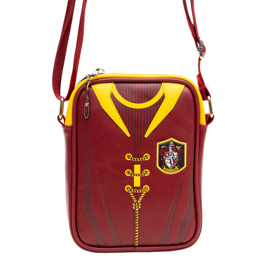 Front view of the Harry Potter Gryffindor Quidditch Uniform crossbody bag showing the scarlet and gold design.-3