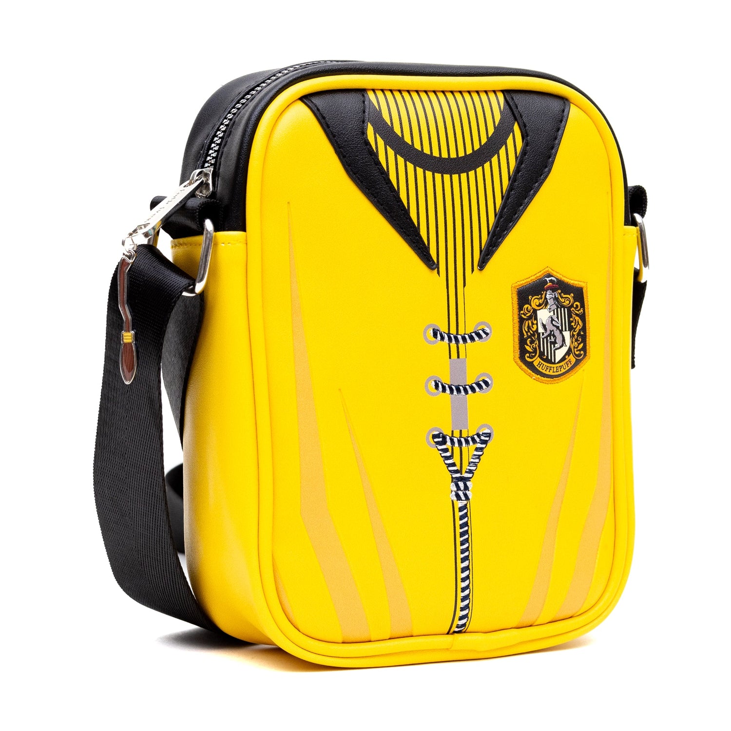Close-up of the internal compartments and zipper pocket of the Hufflepuff shoulder bag.