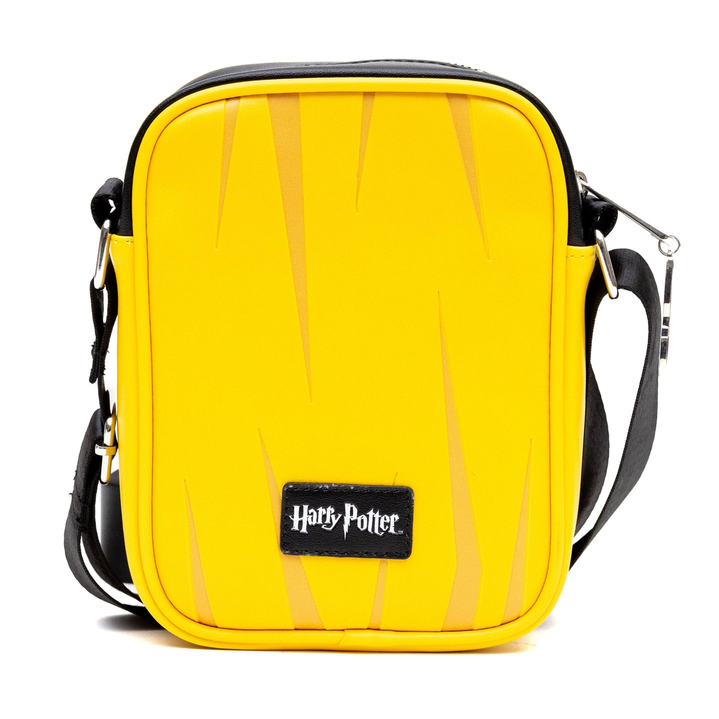 Side view showing the slim profile and adjustable black strap of the Hogwarts crossbody bag.