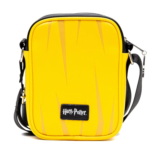 Front view of the Harry Potter Hufflepuff Quidditch Uniform crossbody bag in vibrant yellow vegan leather.-2