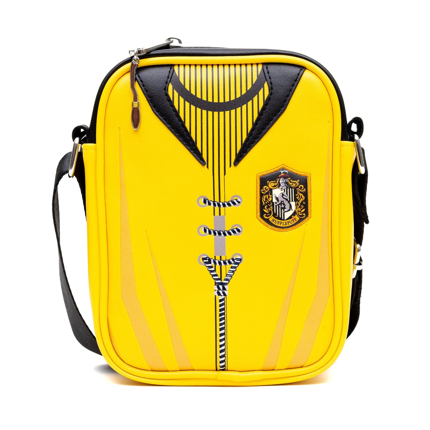 Front view of the Harry Potter Hufflepuff Quidditch Uniform crossbody bag in vibrant yellow vegan leather.