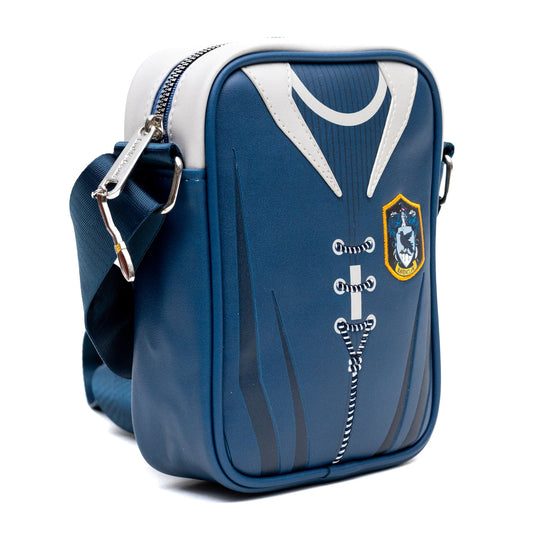Front view of the Harry Potter Ravenclaw Quidditch crossbody bag showing the blue vegan leather and house crest.-1