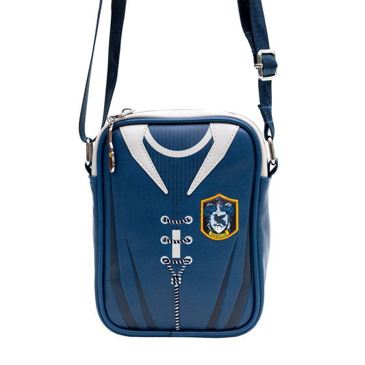 Front view of the Harry Potter Ravenclaw Quidditch crossbody bag showing the blue vegan leather and house crest.-3
