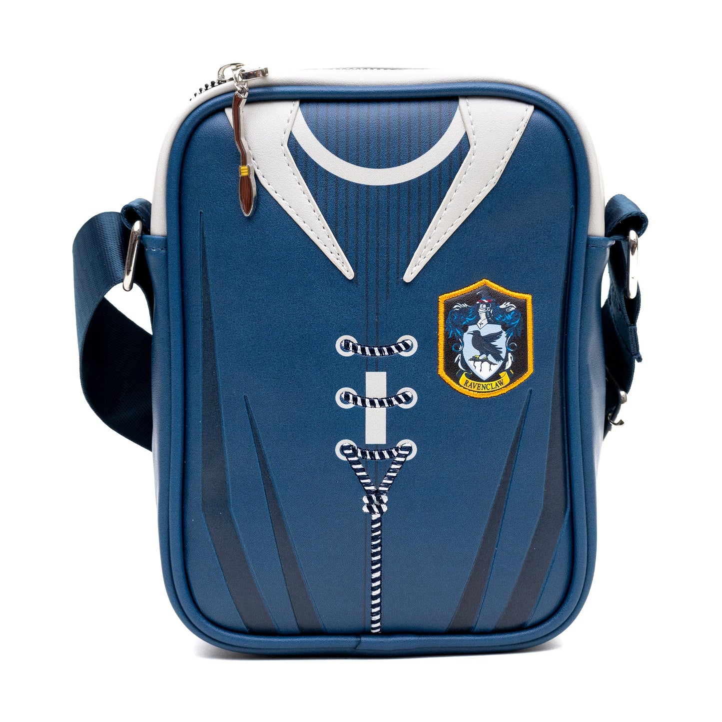 Front view of the Harry Potter Ravenclaw Quidditch crossbody bag showing the blue vegan leather and house crest.