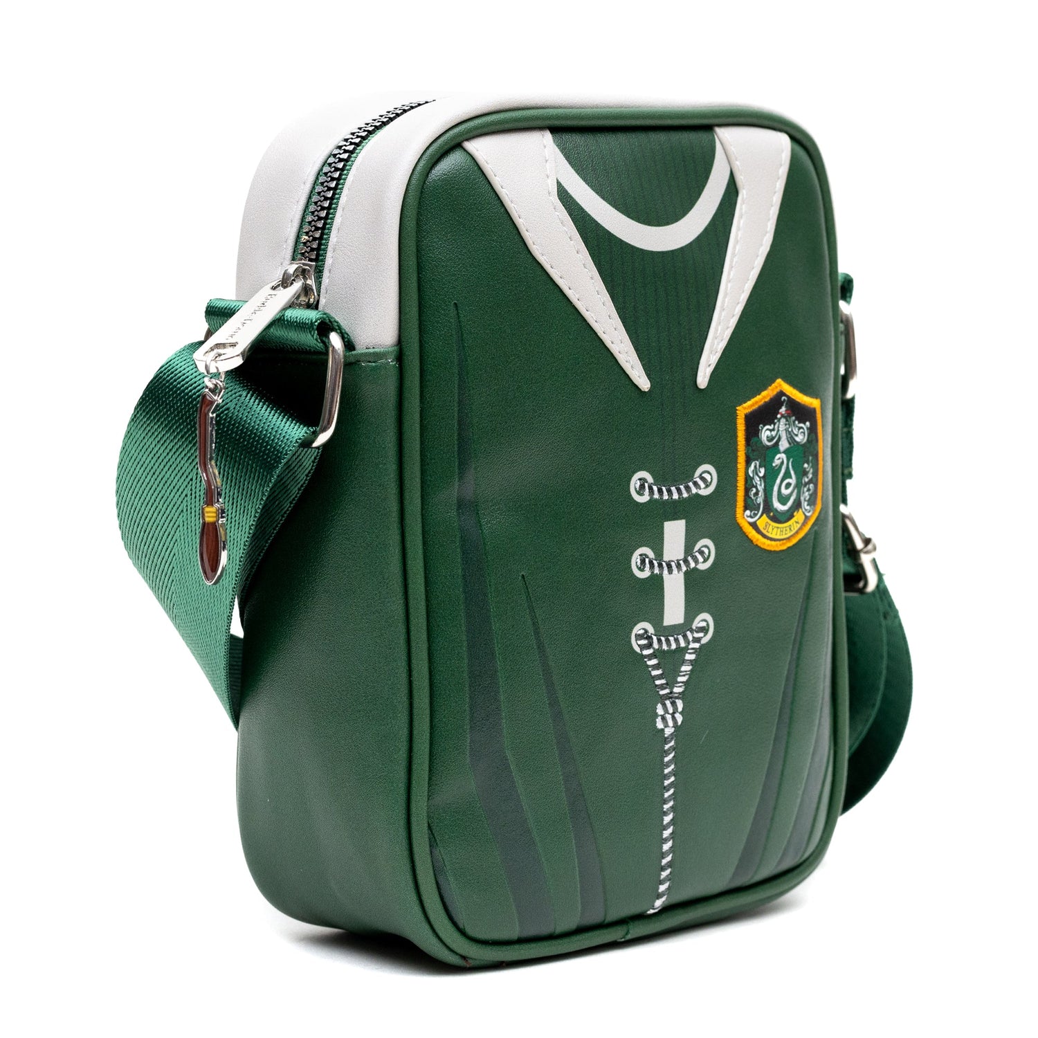 Close-up of Hogwarts Slytherin Quidditch uniform design and crest