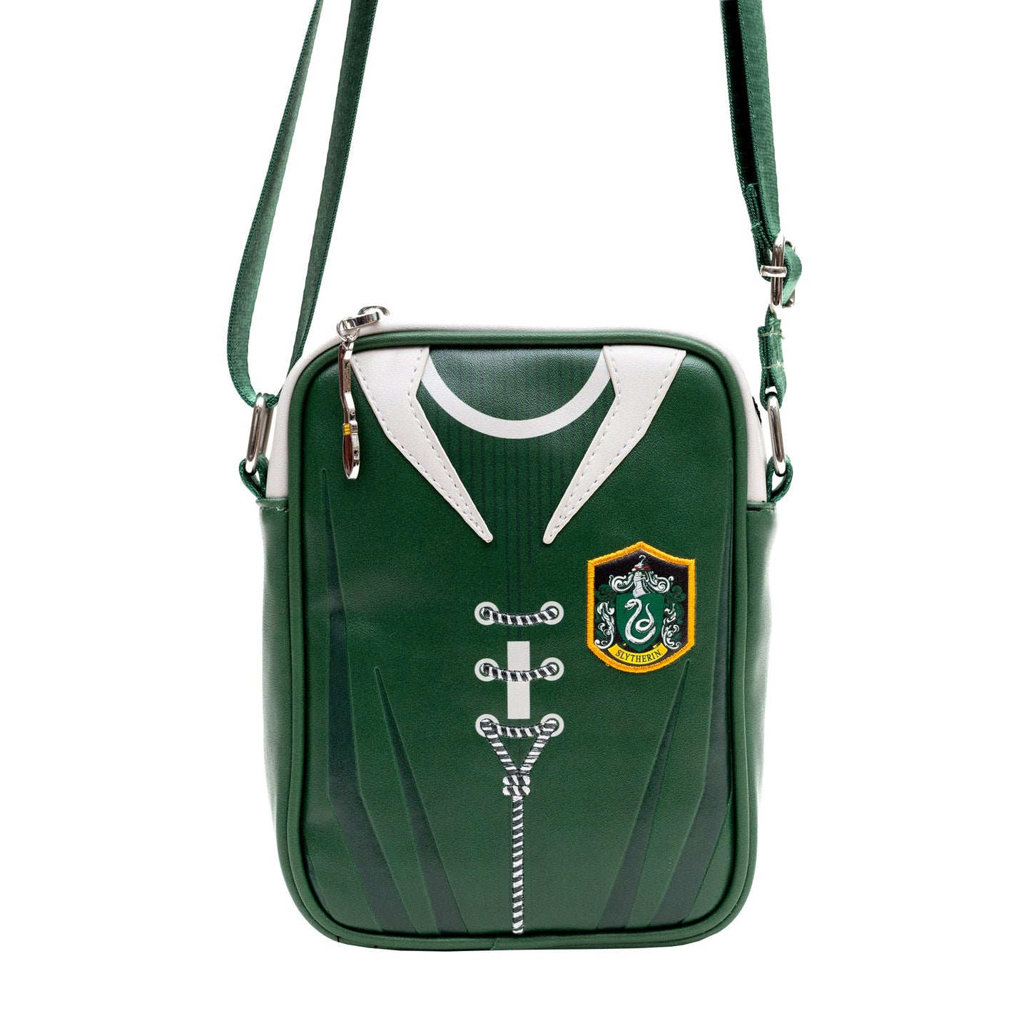 Adjustable strap detail on Slytherin vegan leather shoulder bag