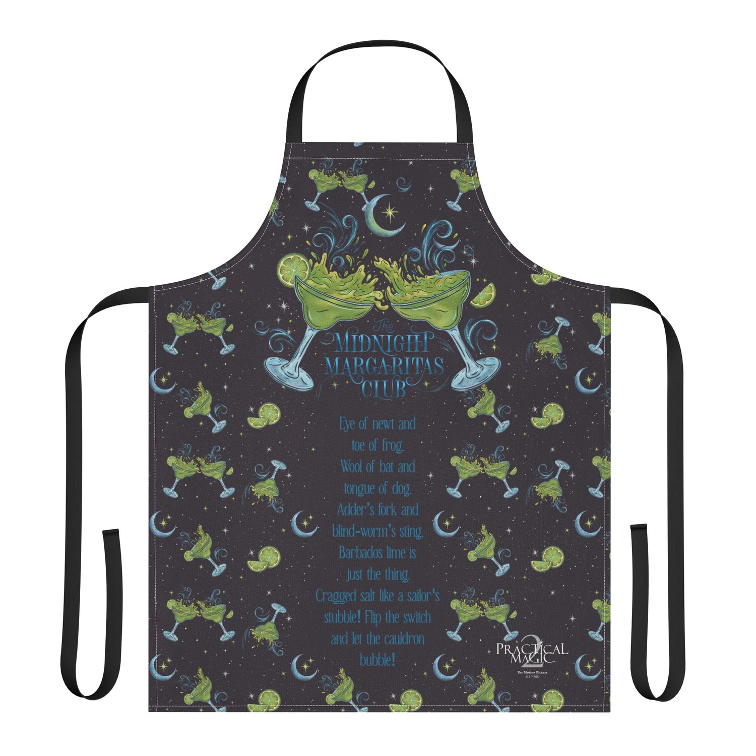 Unisex Practical Magic 2 apron featuring the Midnight Margaritas Club graphic design in white on a dark background.
