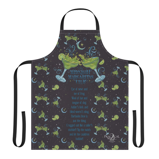 Unisex Practical Magic 2 apron featuring the Midnight Margaritas Club graphic design in white on a dark background.-0